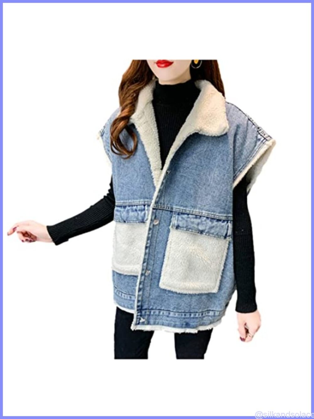 Sherpa Fleece Lined Denim Vest Loose Sleeveless Jean Jacket Waistcoat Gilet
